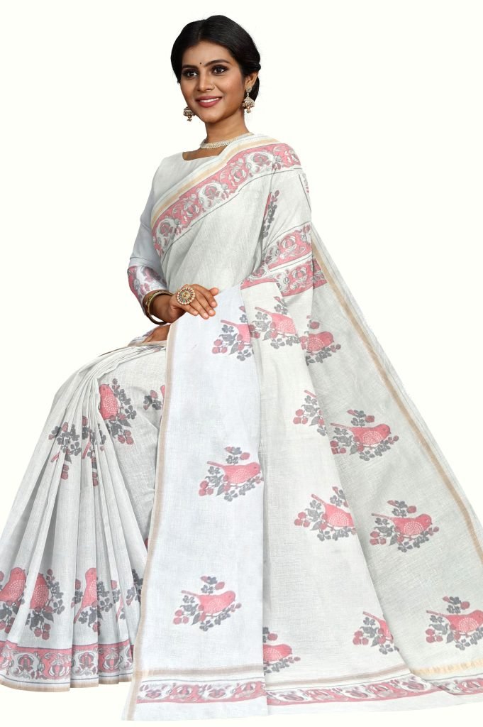 Chidiya Motif Design Handblock Printed Chanderi Saree