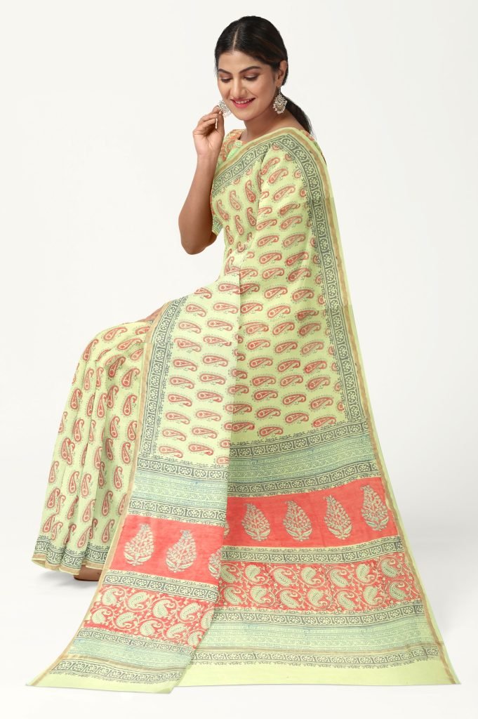 Yellow Red Booti Design Hand block Printed Chanderi Saree