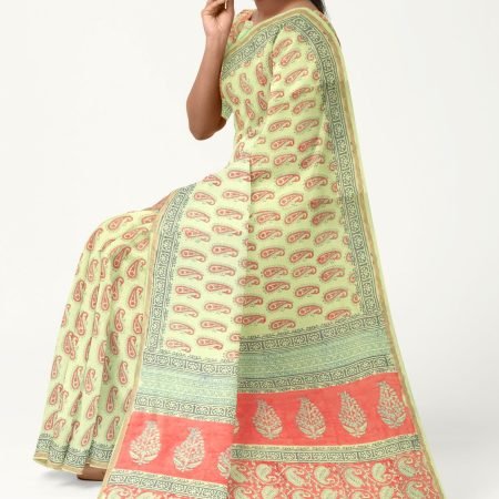 Yellow Red Booti Design Hand block Printed Chanderi Saree