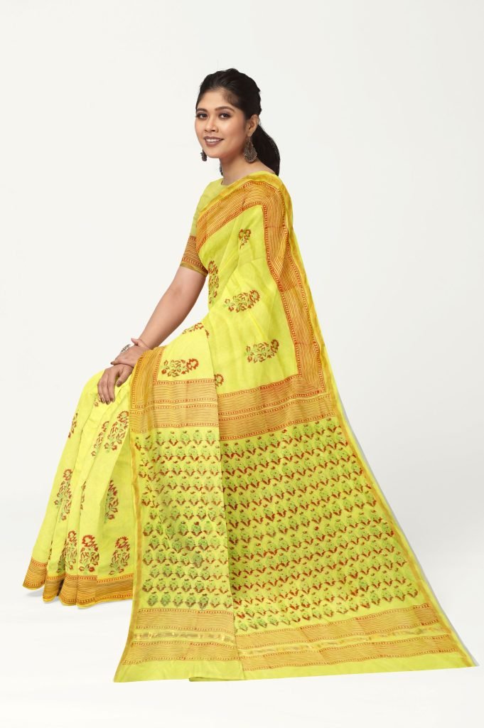 Light Yellow Design Handblock Printed Chanderi Saree