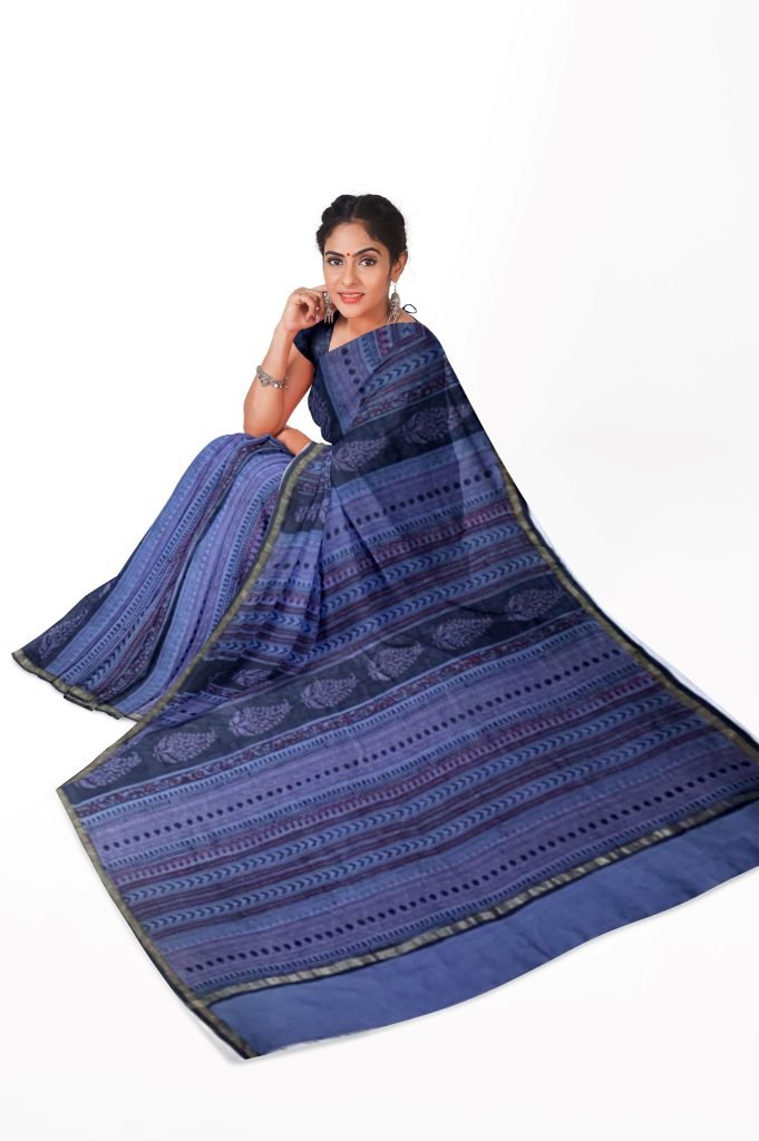 Grey Bherongarhi Design Handblock Printed Chanderi Saree