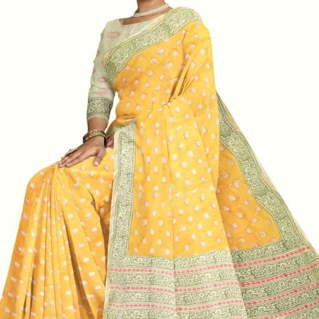 Lotus Design Handblock Printed Chanderi Saree