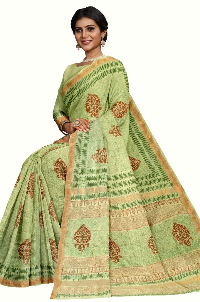 Light Green Design Handblock Printed Maheshwari Saree