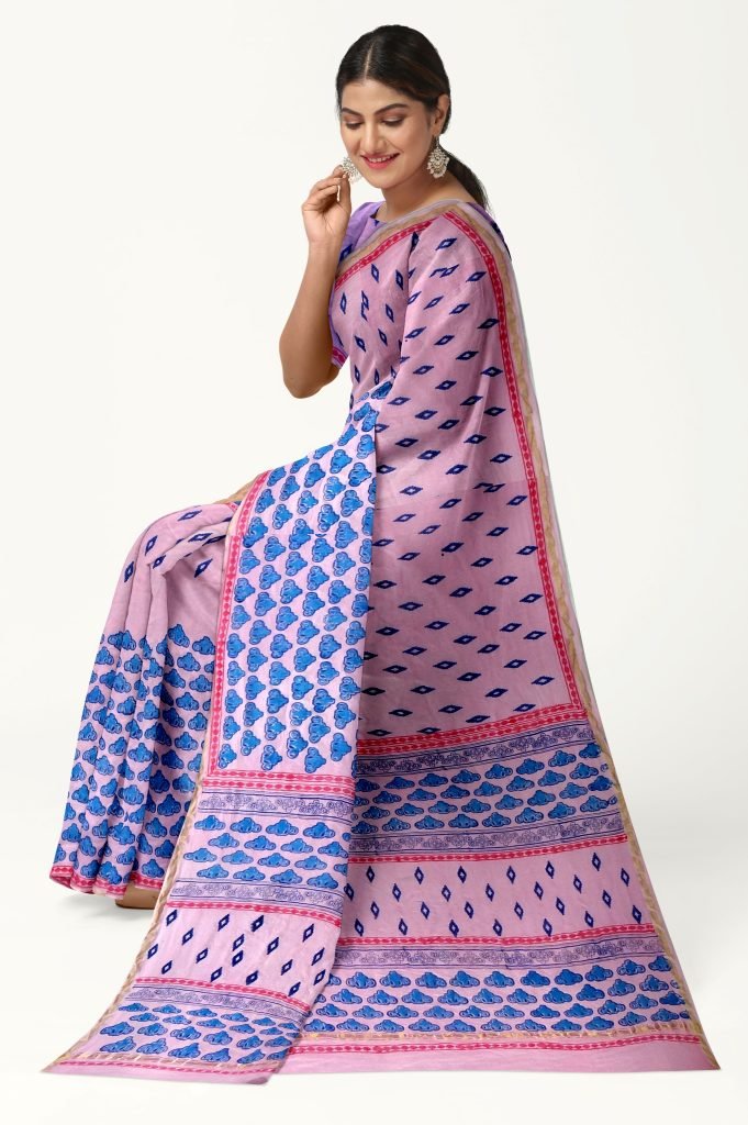 Pink Ikat Design Handblock Printed Chanderi Saree