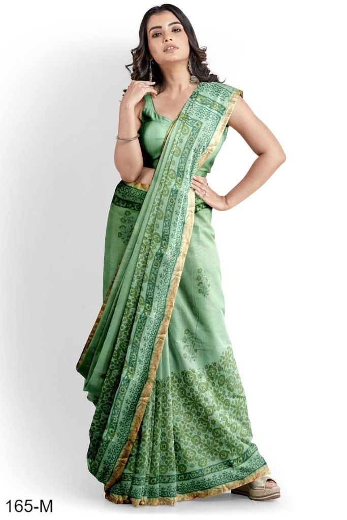 Green Floral Design Handblock Printed Maheshwari Saree
