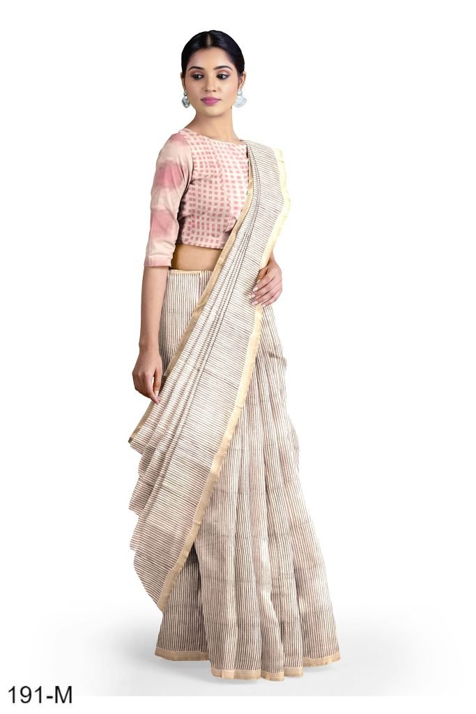 Grey Pink Linear Design Handblock Printed Maheshwari Saree