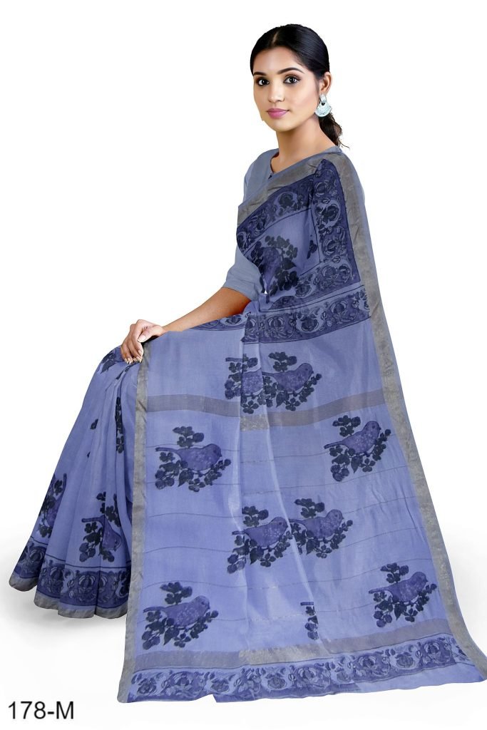 Purple Bird Design Handblock Printed Maheshwari Saree