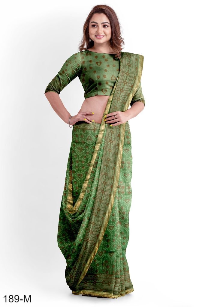 Green Floral Design Handblock Printed Maheshwari Saree