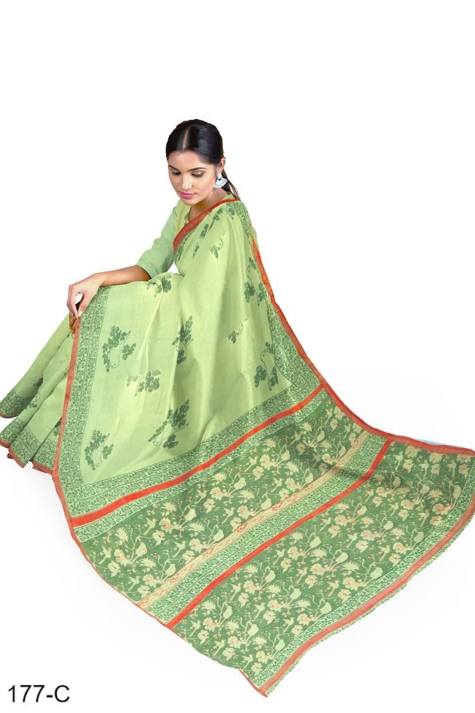 Green Block Printed Chanderi Saree