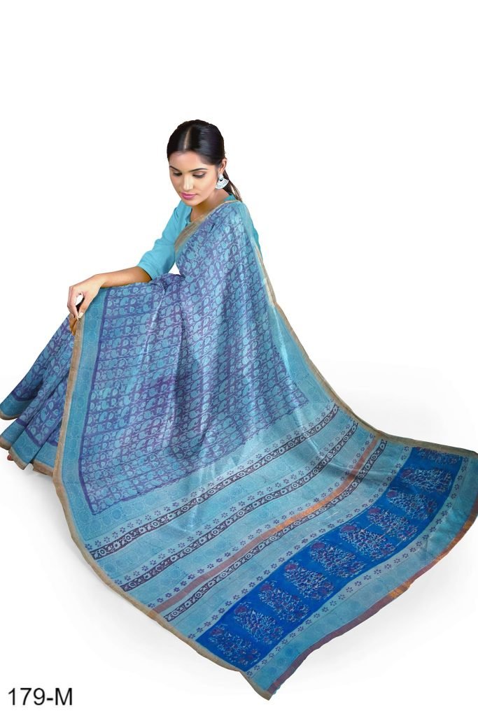 Sky Blue Booti Design Handblock Printed Maheshwari Saree