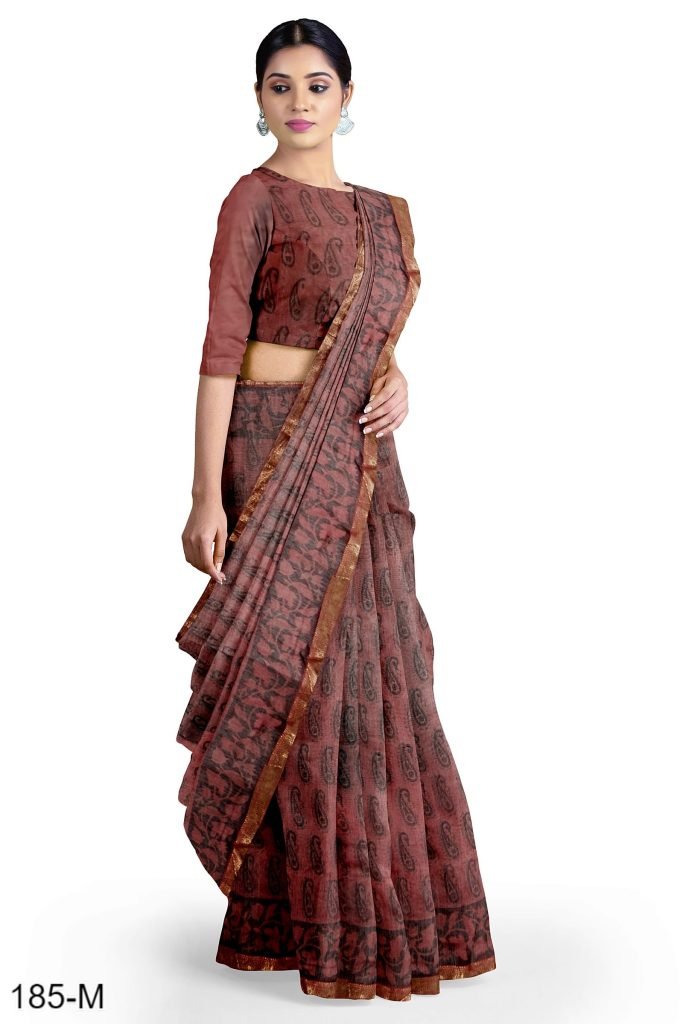 Brown Booti Design Handblock Printed Maheshwari Saree