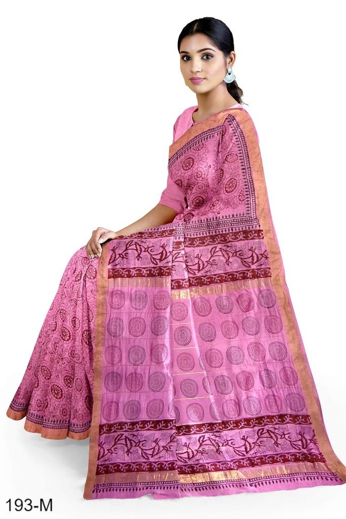 Pink Floral Design Handblock Printed Maheshwari Saree