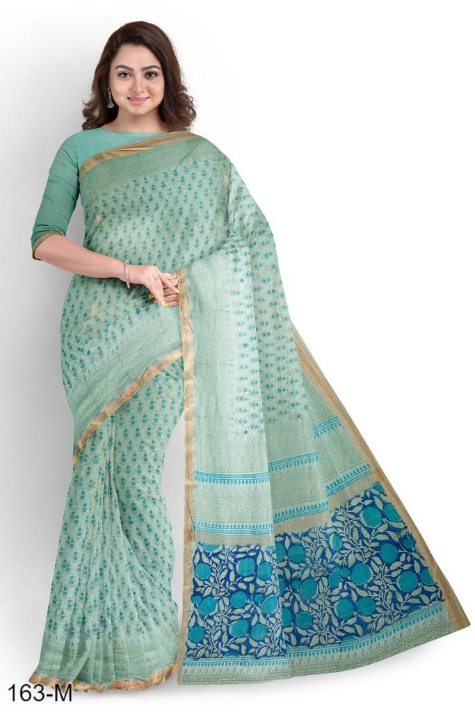 Sky Blue Floral Design Handblock Printed Maheshwari Saree