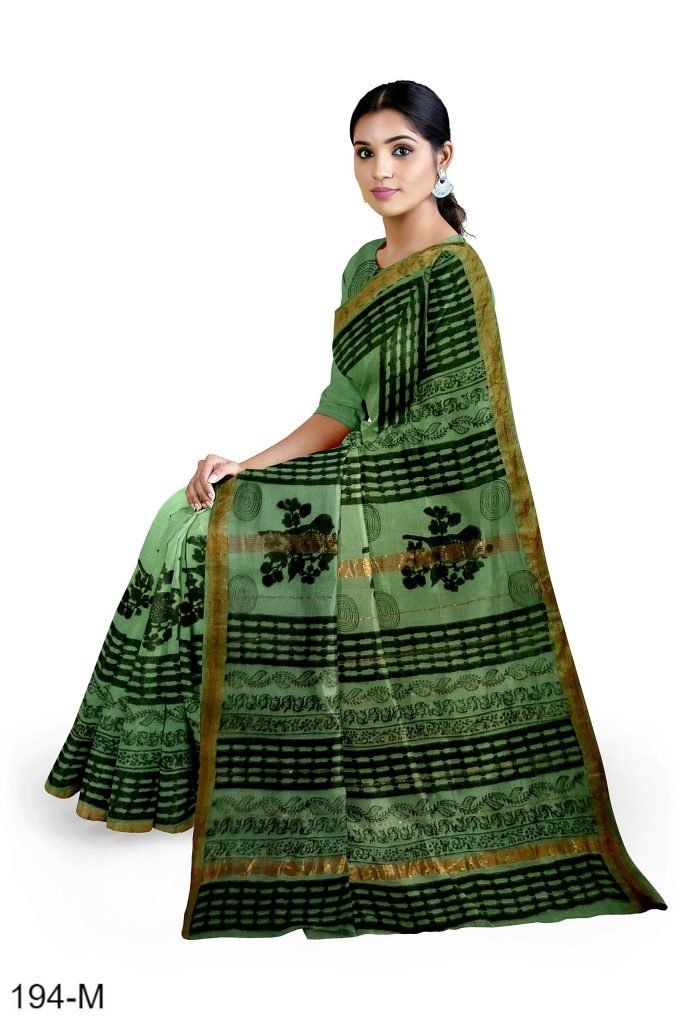Green Bird Pattern Design Hand Block Printed Maheshwari Saree