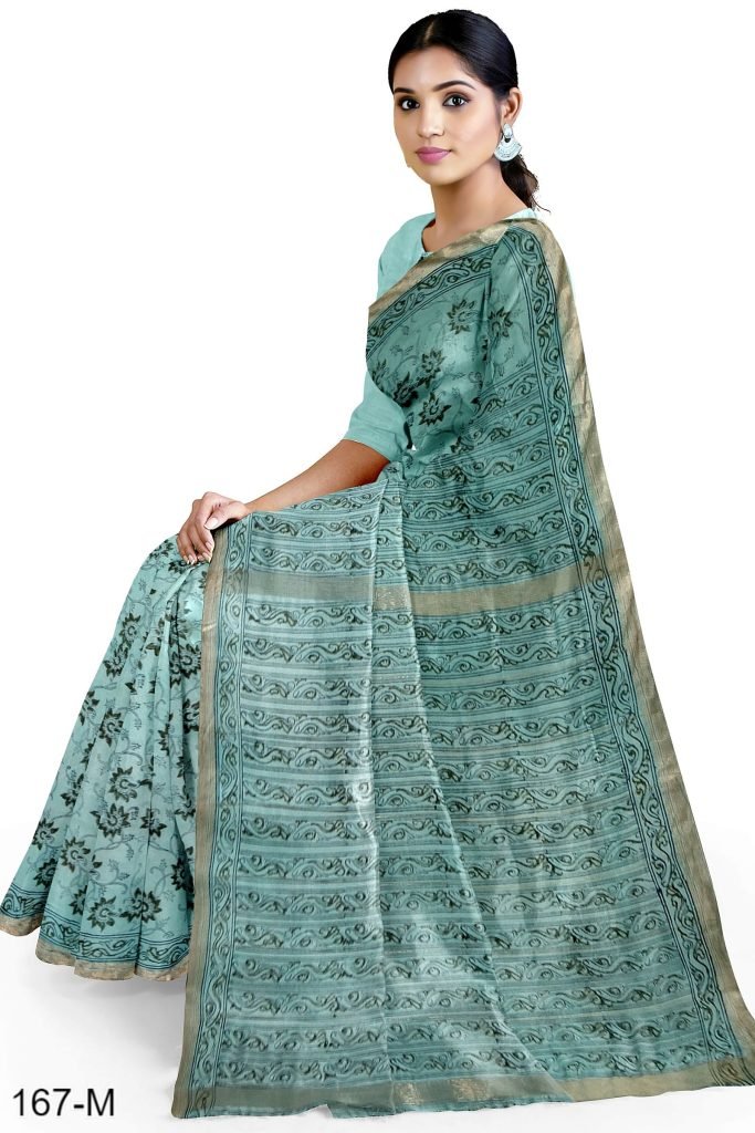 Sky Blue Handblock Printed Maheshwari Saree