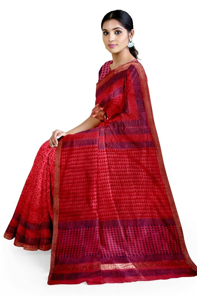 Light Pink Design Handblock Printed Maheshwari Saree