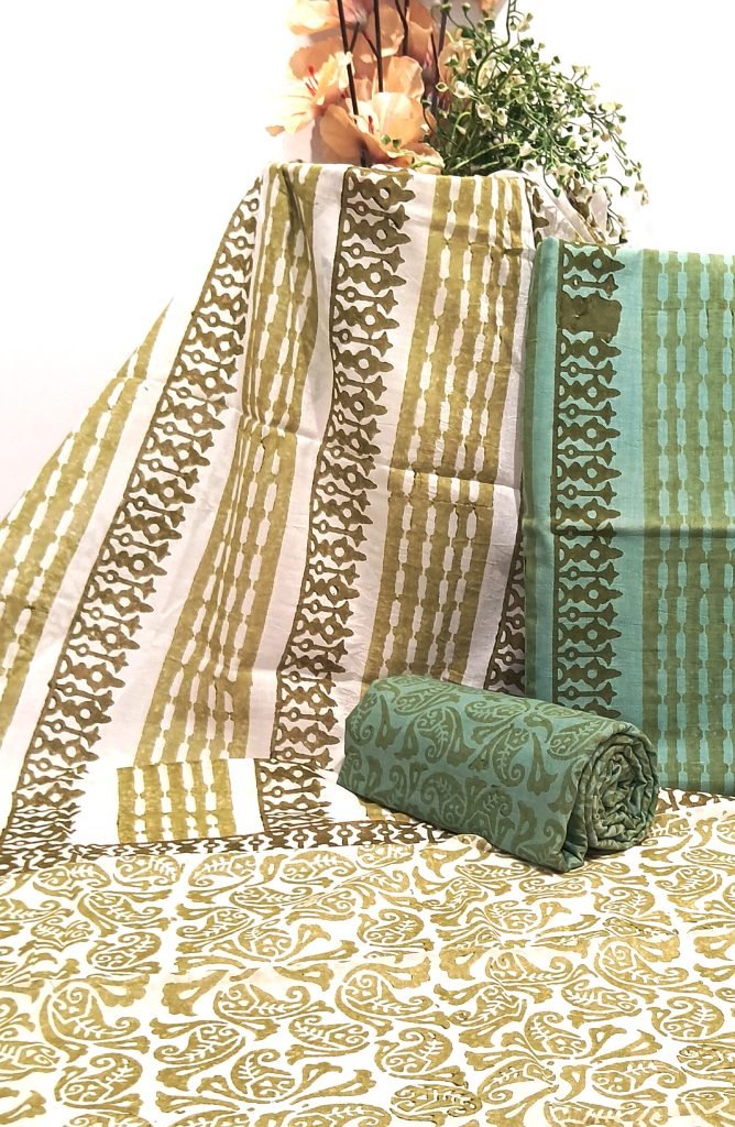 Green And Brown Paisley Design Hand Block Printed Salwar Suit Fabric