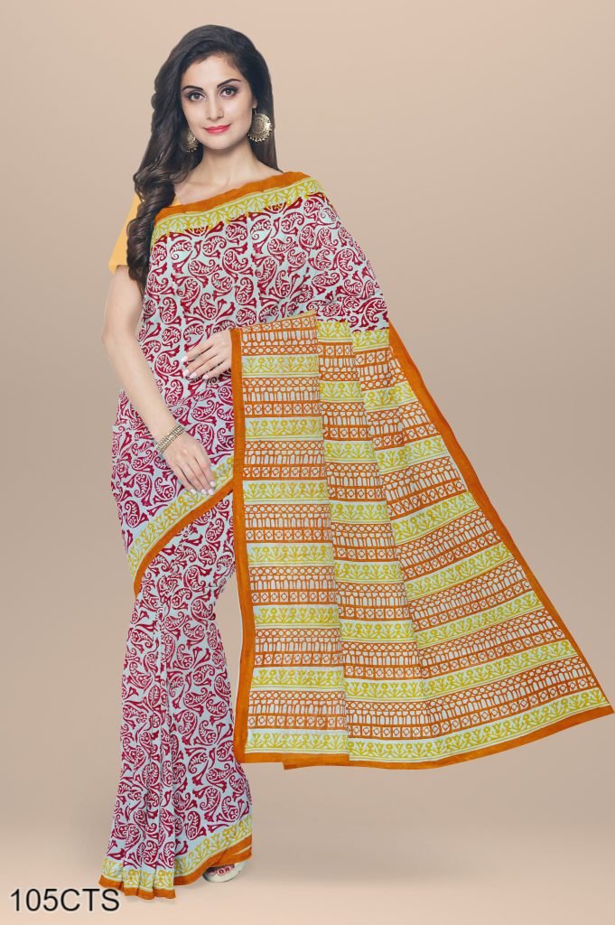 Red Paisley Design Handblock Printed Cotton Saree