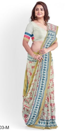 Bheembetika Design Handblock Printed Maheshwari Saree