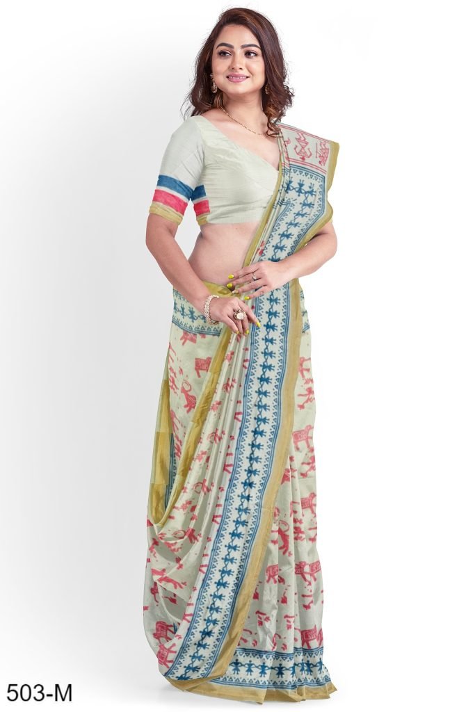 Bheembetika Design Handblock Printed Maheshwari Saree