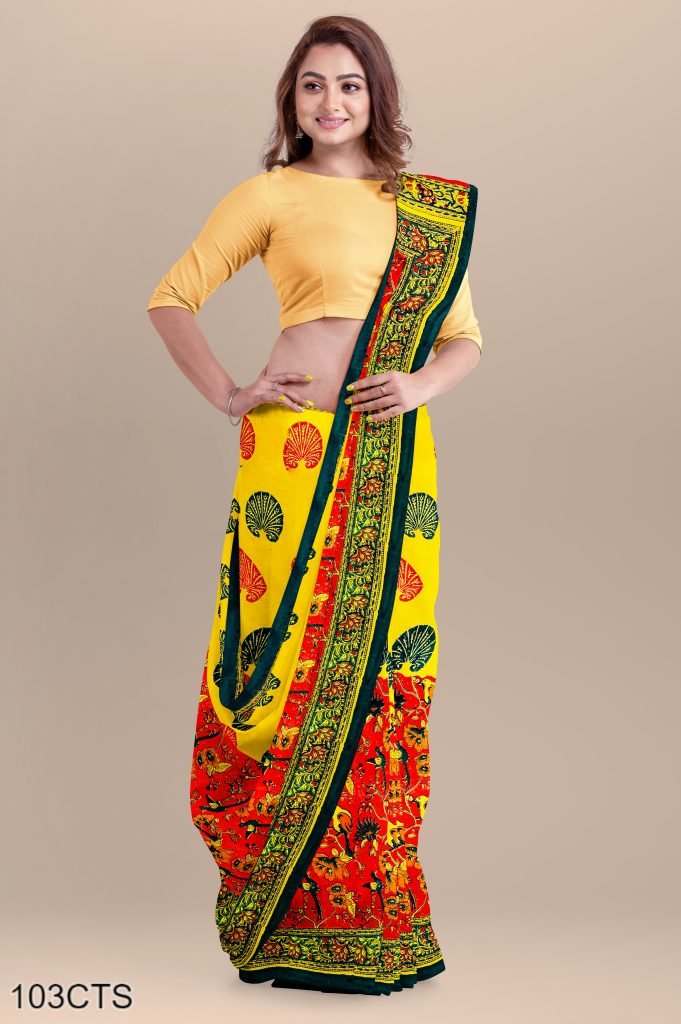 Bird Paradise Design Handblock Printed Cotton Saree