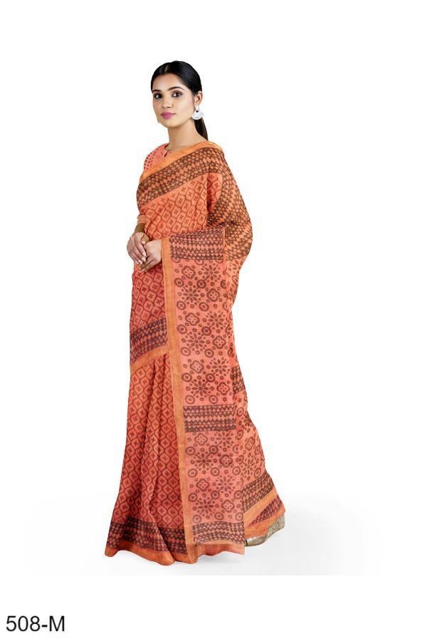 Red Floral Booti Design Handblock Printed Maheshwari Saree