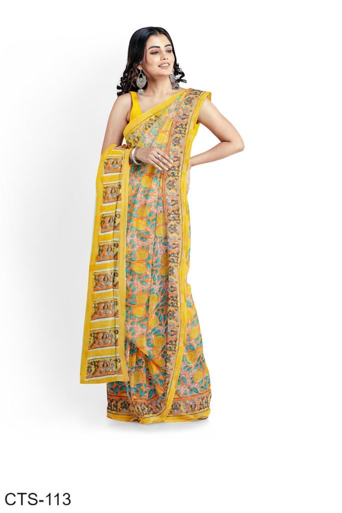 Yellow Floral Design Handblock Printed Cotton Saree