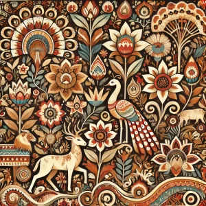 A vibrant Indian tribal artwork featuring flora, fauna, and traditional Warli and Madhubani-inspired patterns, with peacocks, elephants, deer, and lush plants in earthy tones.
