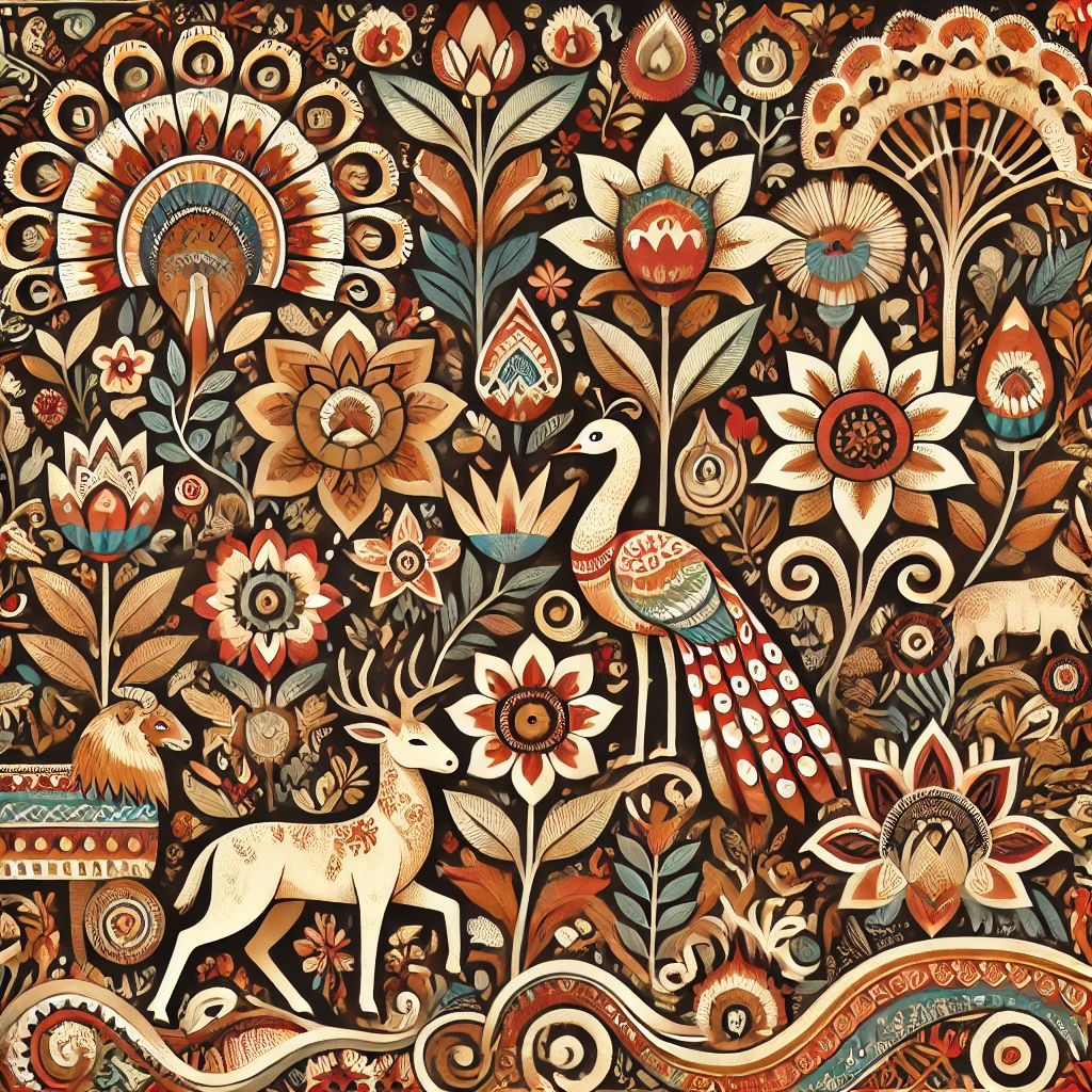 A vibrant Indian tribal artwork featuring flora, fauna, and traditional Warli and Madhubani-inspired patterns, with peacocks, elephants, deer, and lush plants in earthy tones.