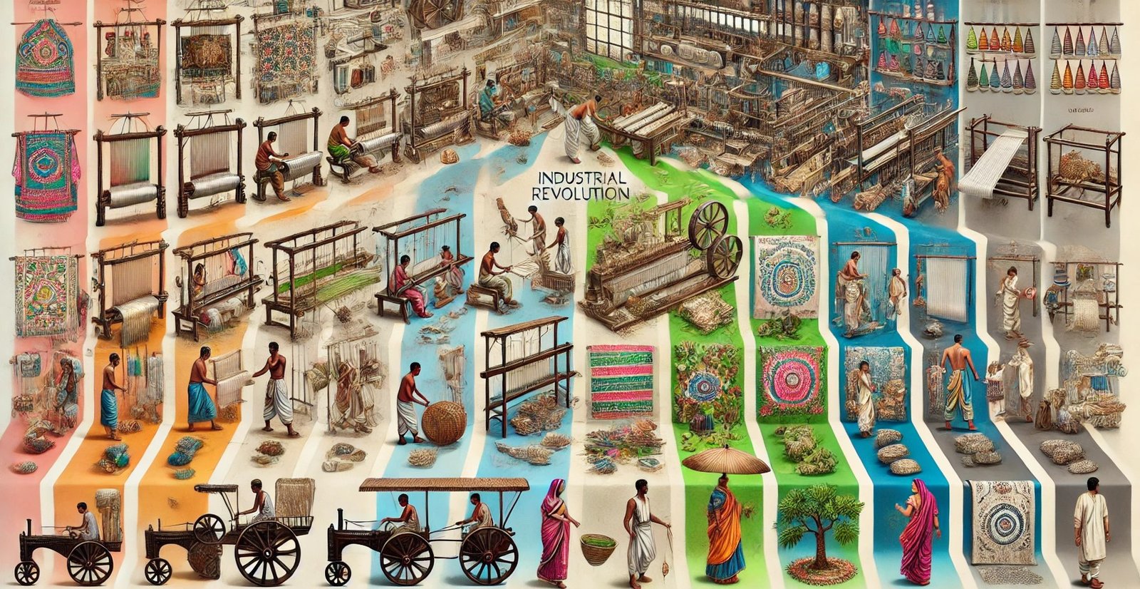 A detailed infographic showcasing the evolution of Indian textiles, depicting traditional handloom weaving, the impact of the Industrial Revolution, and modern sustainable textile practices.