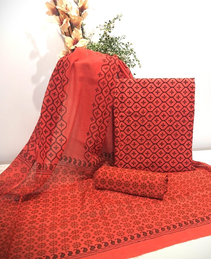 Orange Rust Jali Hand Block Printed Un Stiched Suit Material
