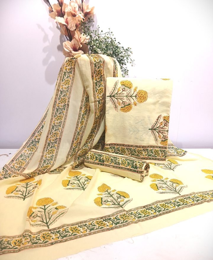 Yellow Flower Hand Block Printed Un stiched Suit Materials