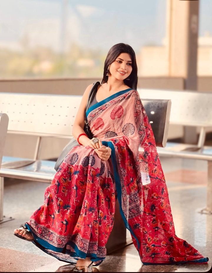 Doodhraj bird print Cotton Saree