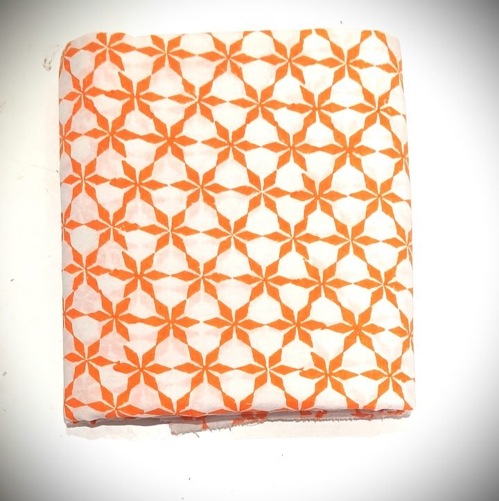 "Orange Star Motif Hand Block Printed Cotton Fabric – White Base Running Material"