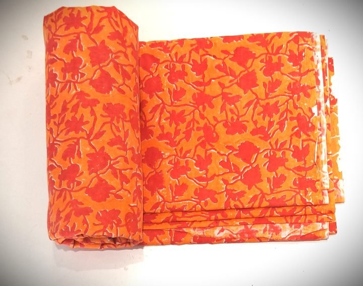 Orange Cotton Fabric with Red Floral Hand Block Print"