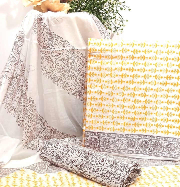 Brown And Yellow Boota Hand Block Printed Salwar Suit Fabric