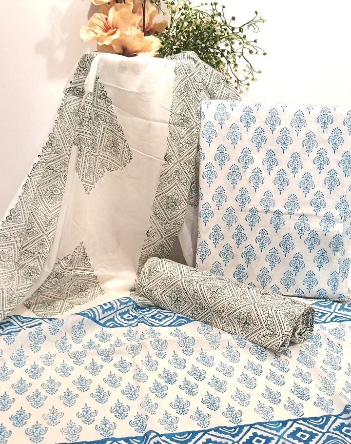 Light Blue And Brown Boota Hand Block Printed Salwar Suit Fabric