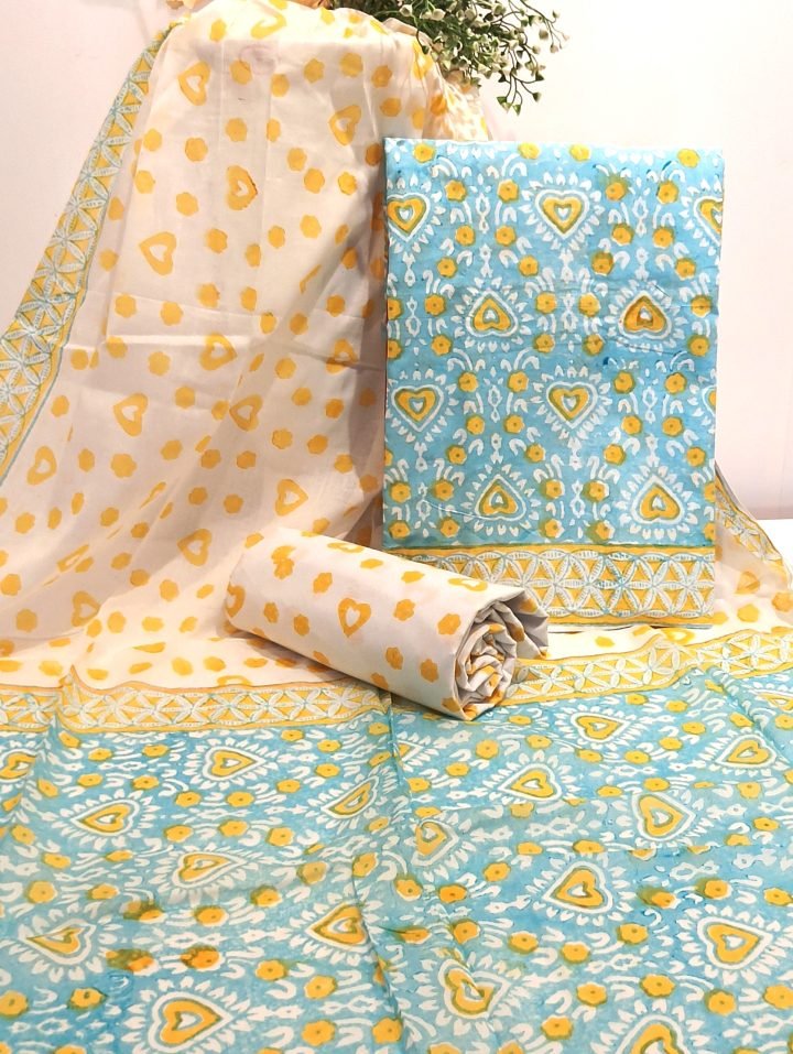 Light Blue Boota Hand block Printed Salwar Suit Fabric