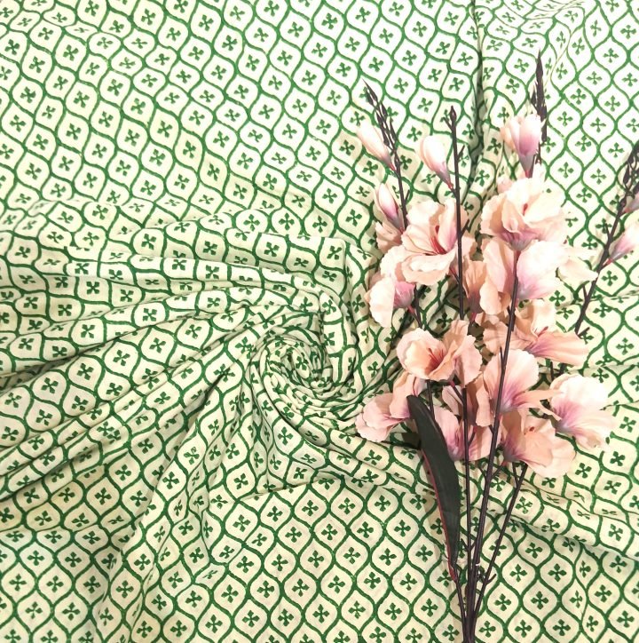 Lizard Green Jali Hand Block Printed Cotton Fabric