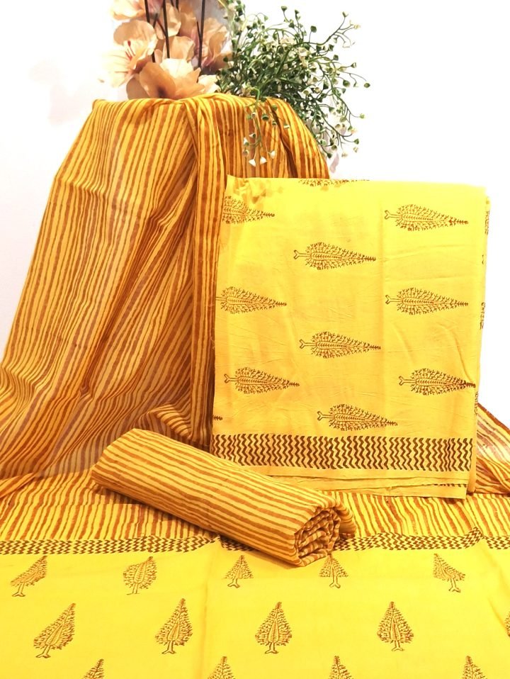 Yellow Tree Boota Hand Block Printed Salwar Suit Fabric