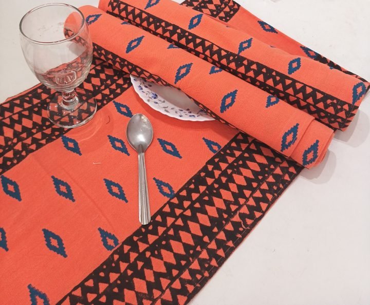 Orange Ikat Design Hand Block Printed Table Mat Runners