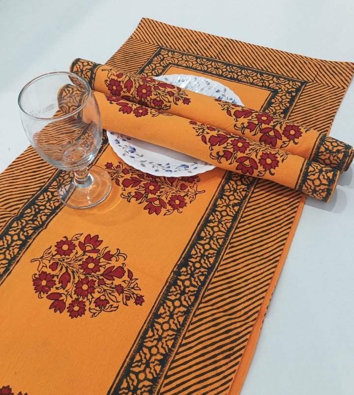 Orange Flower Design Hand Block Printed Table Mat Runners