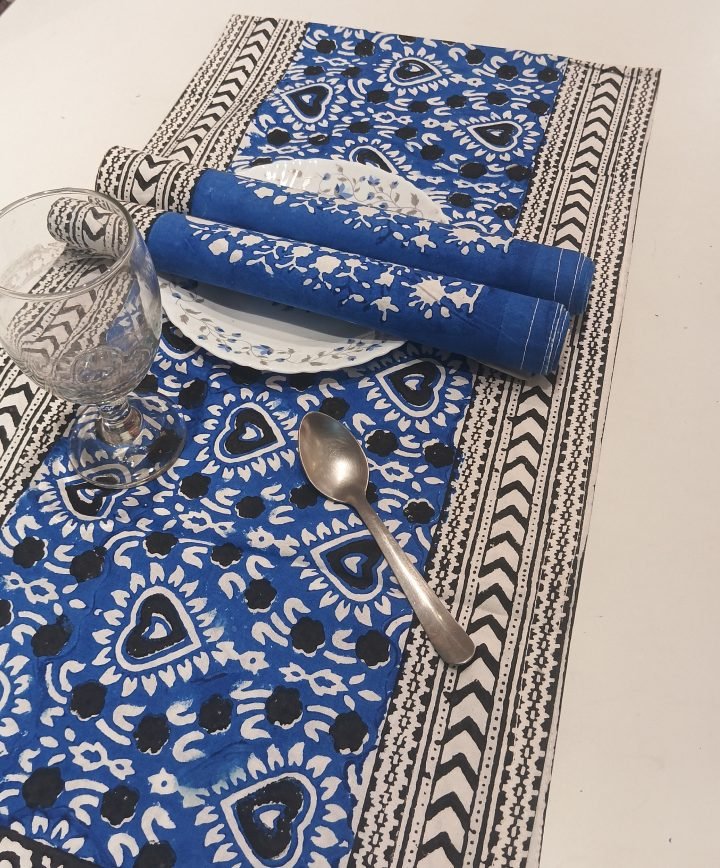 Blue-White And Black Jali Design Hand Block Printed Table Mat Runners