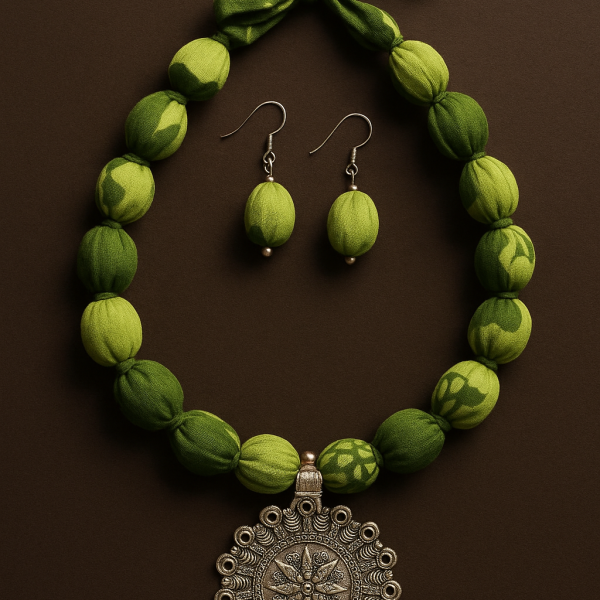 Hand Block printed Green Fabric Bead Necklace Set with Sunburst Silver Pendant
