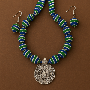 Hand Block printed Blue & Green Fabric Bead Necklace Set with Circular Pendant