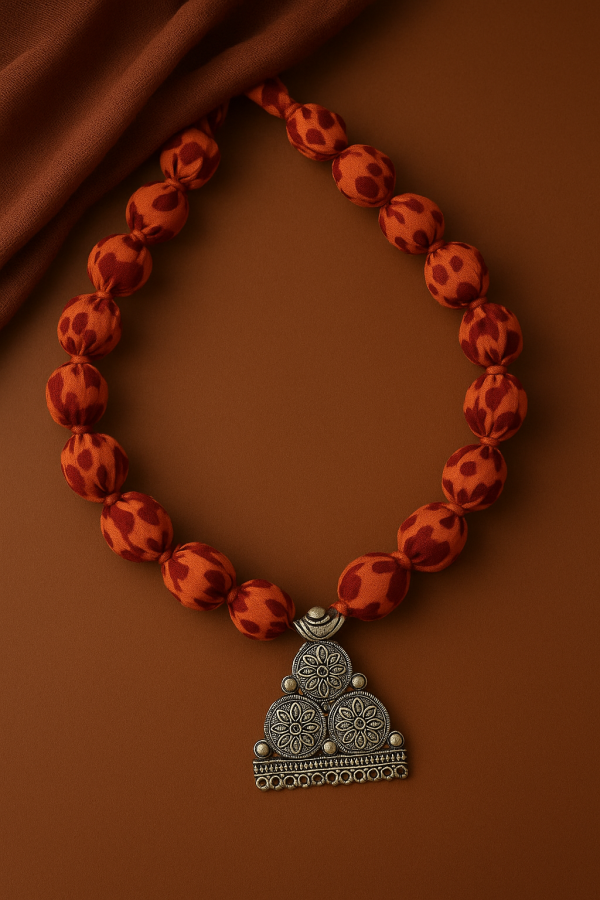 Hand block printed Fabric Bead Necklace with Antique Floral Pendant