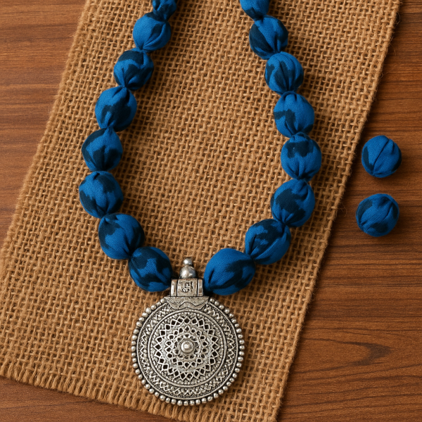 Fabric Bead Necklace with Antique Silver Pendant