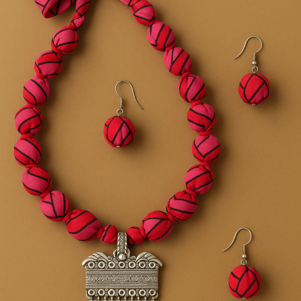 Hand Block printed Red Fabric Bead Necklace Set with Tribal Silver Pendant