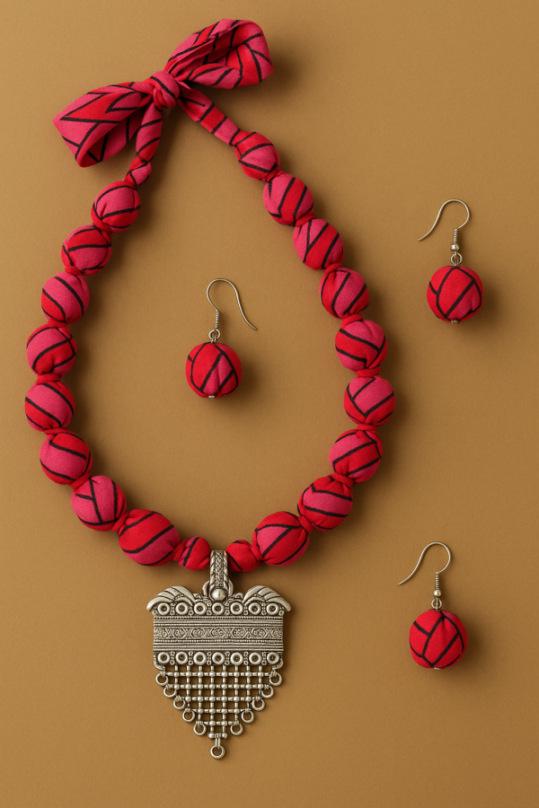 Hand Block printed Red Fabric Bead Necklace Set with Tribal Silver Pendant