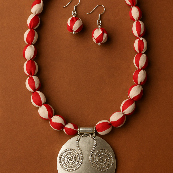 Hand Block printed Red & White Fabric Necklace Set with Round Spiral Pendant